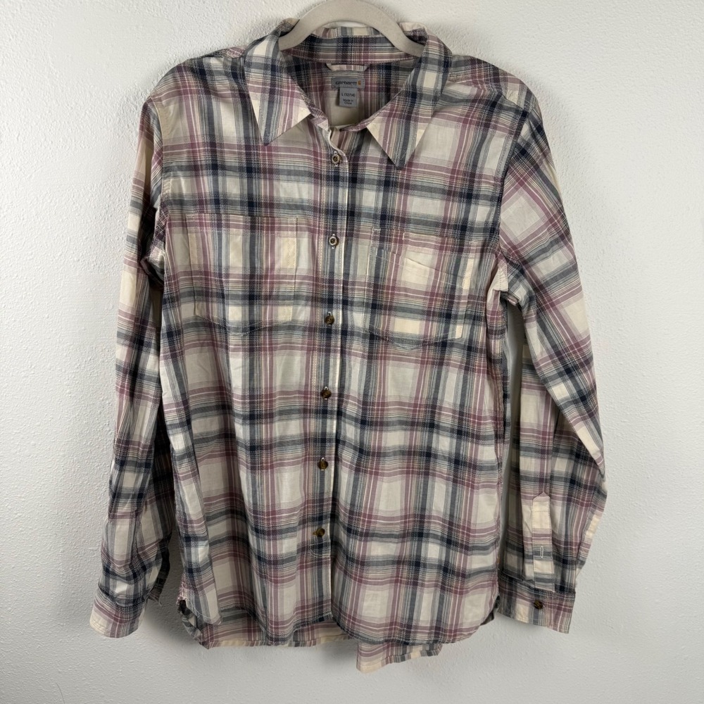 Carhartt Youth L (12-14) Plaid Button Up Shirt Long Sleeve Purple Cream 103085 - Picture 1 of 8